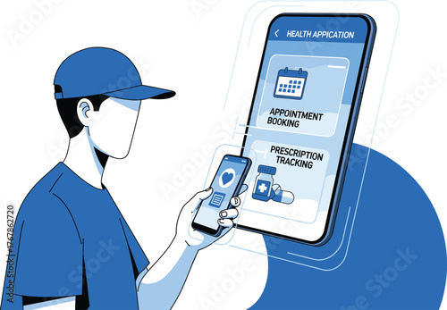 Person Using Mobile Health App for Appointment Booking and Prescription Tracking with Heart Monitor Device and Digital Medical Interface
