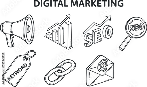 Illustration of digital marketing concepts including SEO keywords analytics and email strategies.