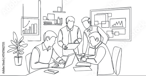 A group of professionals collaborating in an office setting, discussing strategies and analyzing data.