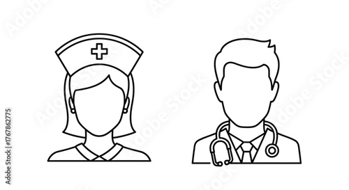 Line art illustration depicting a nurse and a doctor side by side