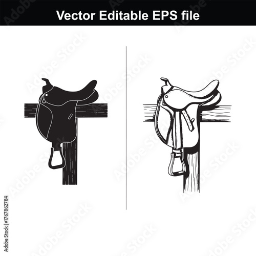 Western saddle on fence, vector illustration