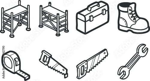 Illustration of construction tools including scaffolding toolbox work boots and various saws.