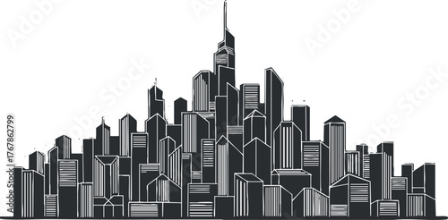 Stylized black and white illustration of a modern city skyline with various skyscrapers.