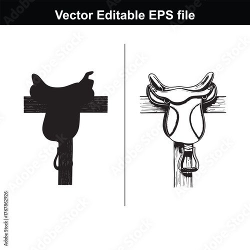 Western saddle silhouette and sketch on a wooden cross