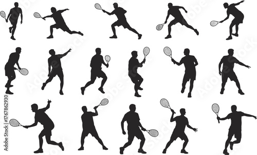 Tennis player silhouette, dynamic poses, forehand, backhand, serve, sports action, racket movement, athlete motion, black vector, flat illustration