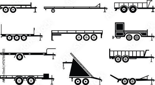 Trailer silhouette icons, utility transport trailers, flatbed and dump designs, cargo hauling symbols, black vector set, flat vector illustration