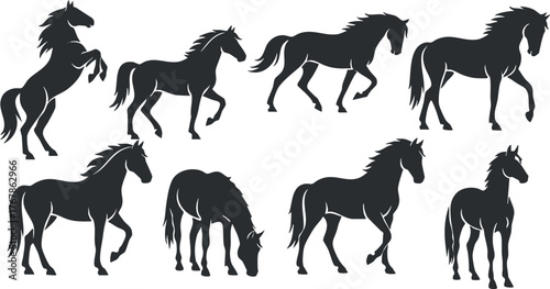 Collection of black silhouettes depicting various poses and movements of horses.