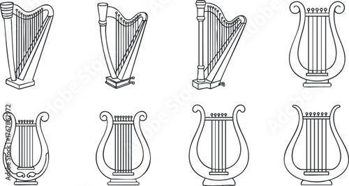 A collection of illustrated harps showcasing various designs and styles in line art form.