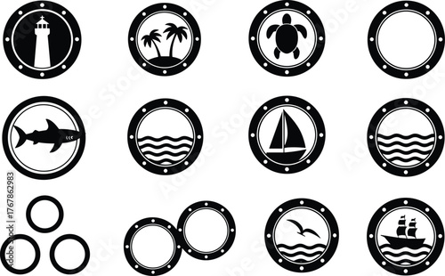 Nautical icons, marine silhouettes, ocean elements, sea life graphics, sailing symbols, porthole frames, black shapes, vector set, flat vector illustration