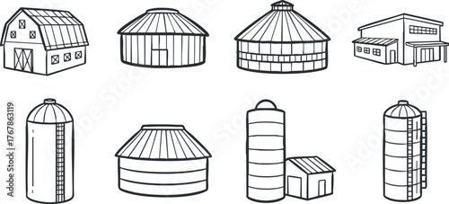 Collection of line art illustrations featuring various barns and silos in a rural setting.