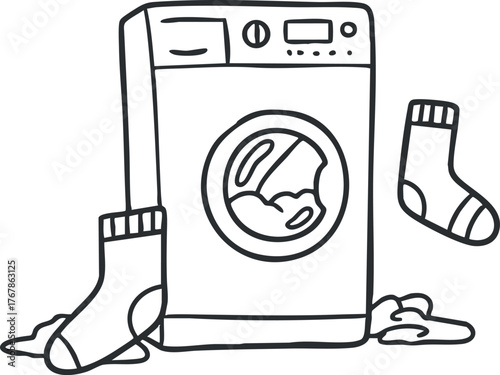A hand-drawn washing machine with scattered socks, symbolizing laundry day and household chores.