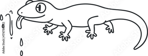 A playful cartoon gecko with a smiling face and a long tail in a simple design.