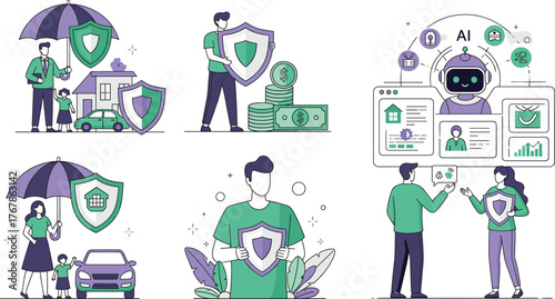 Cartoon illustration showing financial protection, family security, AI technology, and data privacy in modern digital life and smart economy concept