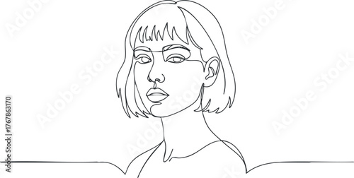 Minimalist line art portrait of a woman with a chic bob hairstyle and elegant expression.