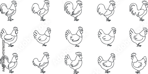 A playful pattern featuring various cartoon-style chickens and roosters in black and white.