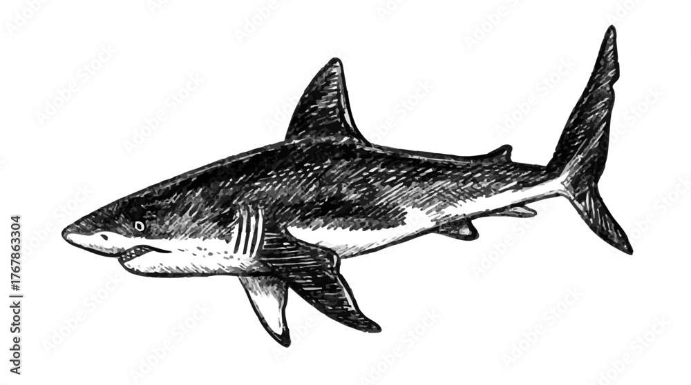 Fototapeta premium Great white shark sketch hand drawn with pencil textures outline. Black vector monochrome design inspired by marine wildlife. Perfect for logo design textile print tattoo drawing engraving and more.
