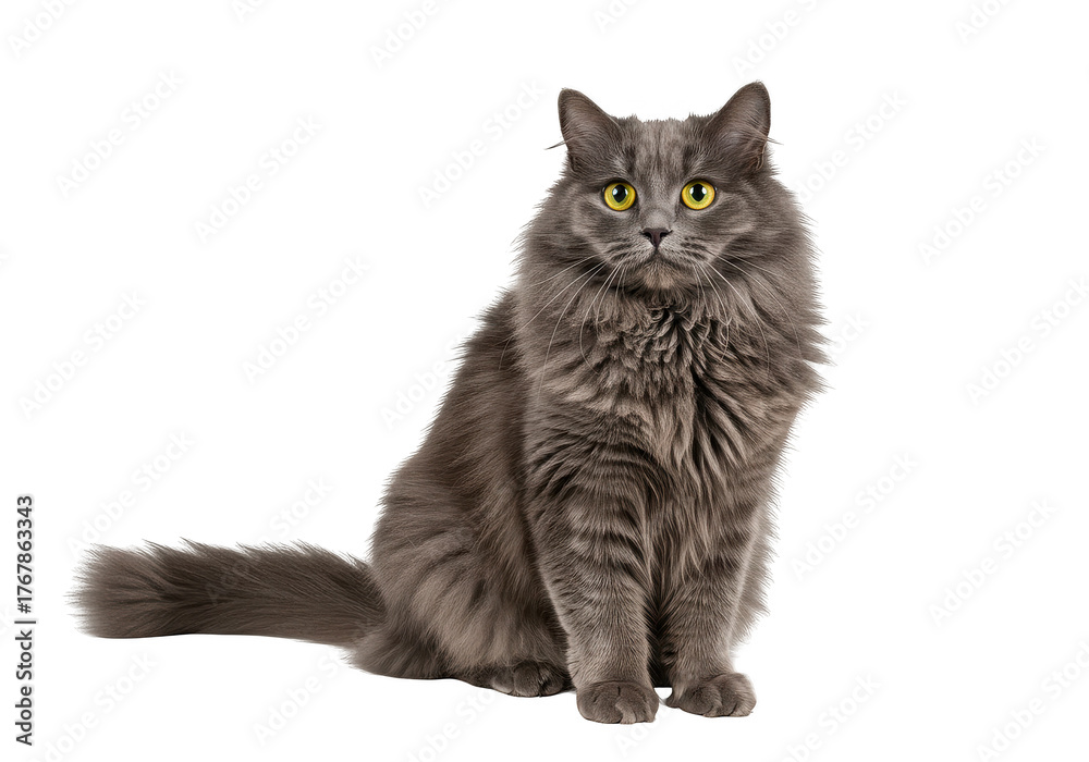 Fototapeta premium Portrait of a fluffy cute and happy gray cat with yellow eyes sitting and looking at the camera directly ahead calmly on transparent background