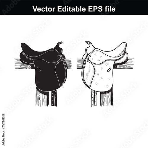 Two horse saddles, one black silhouette and one line drawing