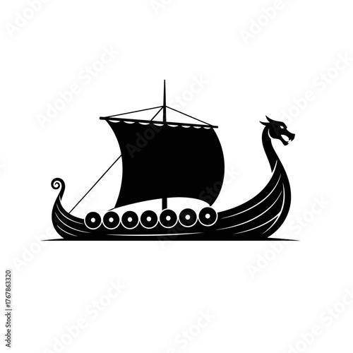 Viking longship silhouette isolated on white background