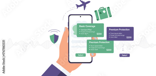 Cartoon smartphone interface showing travel insurance options with airplane, suitcase, and shield icons for mobile protection and coverage concept