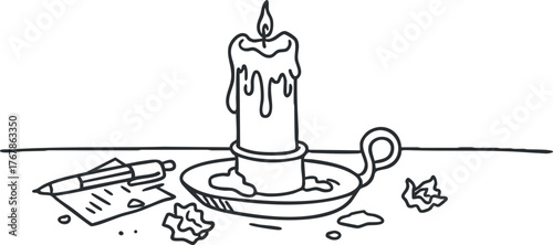A simple line drawing of a melting candle on a plate with a pen and notepad.