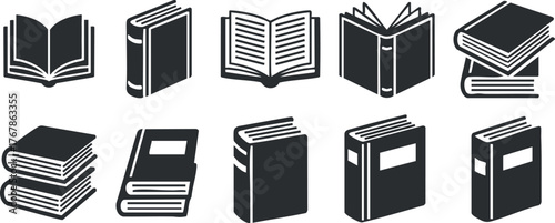 A collection of various book illustrations showcasing open and closed books in different styles.