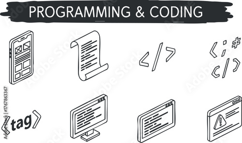 Illustration featuring programming and coding icons representing various aspects of software development.