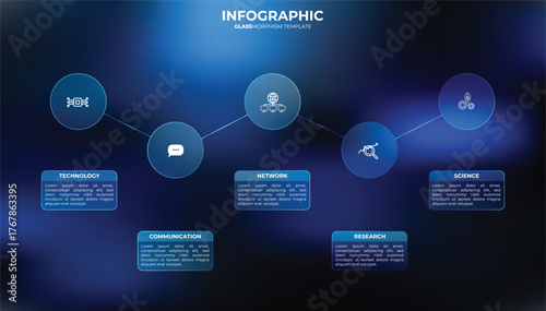 Glassmorphism template for process flow diagram blue version. Circle infographic design with thin lines and 5 horizontal buttons for website or data. Tech concept. Selection, choice. UI UX Design