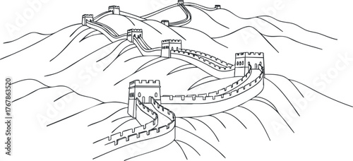 A minimalist sketch of the Great Wall of China winding through mountainous terrain.