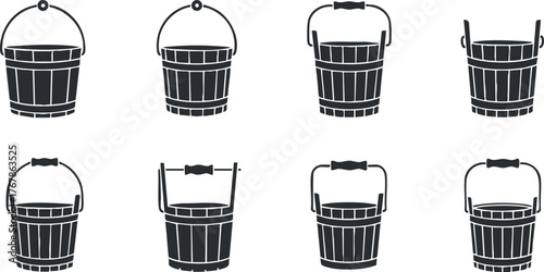 A collection of black bucket icons in various styles and designs for graphic use.