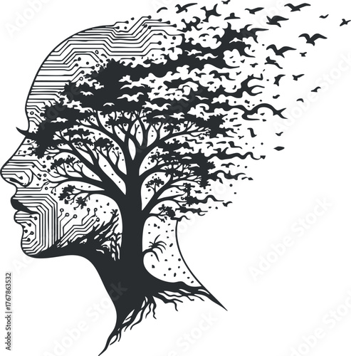 A creative silhouette blending nature and technology, featuring a tree and birds emerging from a profile.