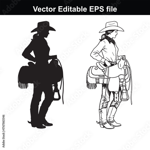 Silhouette and sketch of a cowgirl with a saddle