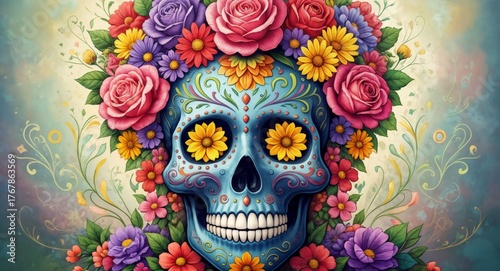 Blue sugar skull with sunflower eyes