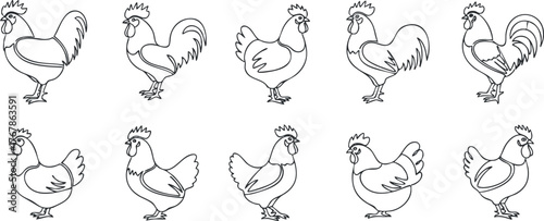 A collection of line art illustrations featuring various chickens and roosters in playful poses.