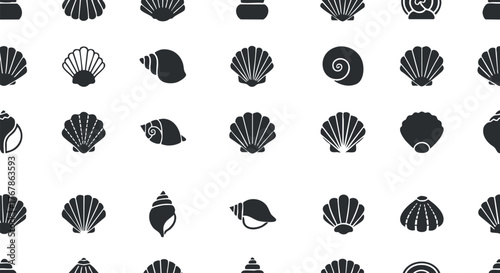 Pattern of various black and white seashells on a clean background ideal for coastal decor.