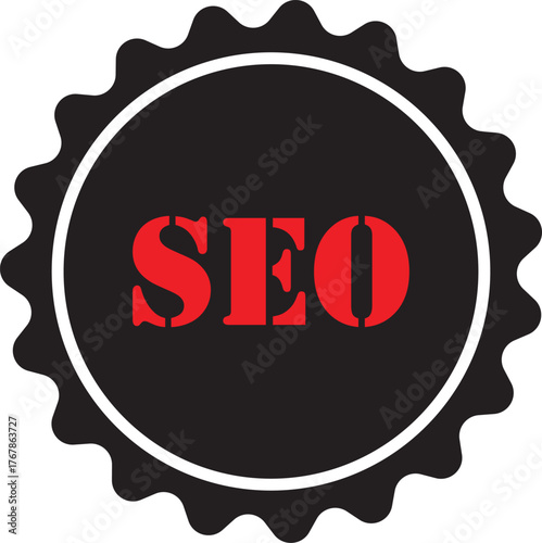 Red seo acronym in serrated black circle emblem