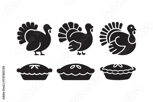 Thanksgiving icons featuring turkeys and pies in silhouette