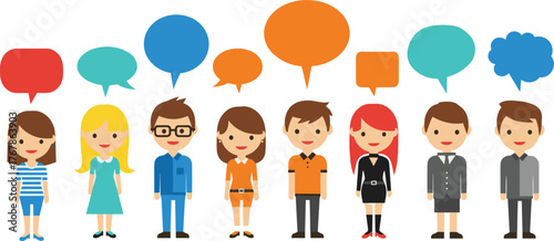 Set of funny cartoon people, a girl with balloons and a boy and girl, in a group discussion with a speech bubble vector illustration concept