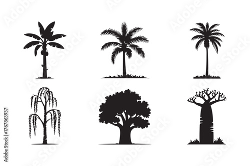 Silhouettes of six distinct tree types on a white background