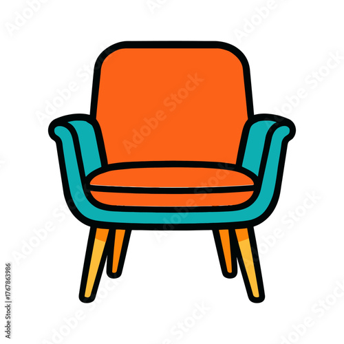 A cartoon chair with a blue cushion and orange seat. The chair is sitting on a white background. Vector. 