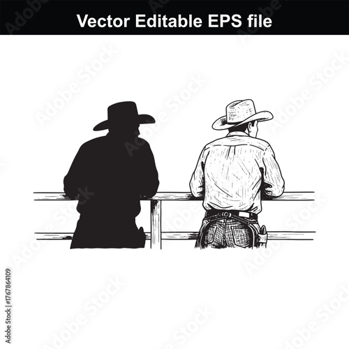 Silhouette and line art of two cowboys leaning on a fence, looking out over a ranch