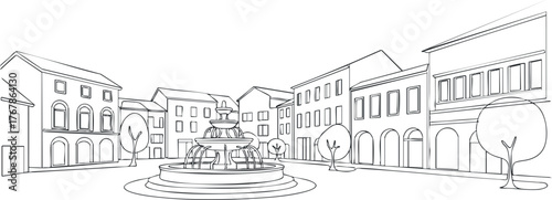 A detailed line art illustration of a town square featuring a central fountain and surrounding buildings.