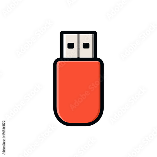 A red USB flash drive with a black logo. The flash drive is sitting on a white background. Vector. 