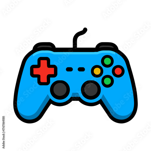 A blue game controller with a red cross on it. The controller is designed to look like a Nintendo Wii controller. Vector. 