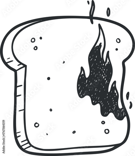 A humorous illustration of a slice of burnt toast with blackened edges and playful design.