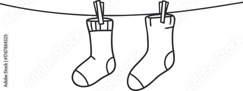 Two socks hanging on a clothesline illustrated in a simple black and white style