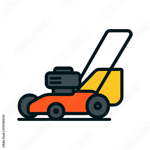 A lawn mower with a yellow handle and orange wheels. The mower is designed to cut grass and is ready for use. Vector. 