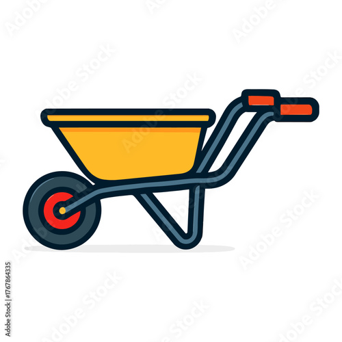 A yellow wheelbarrow with a blue handle. The wheel is red. The wheelbarrow is a simple. Vector. 