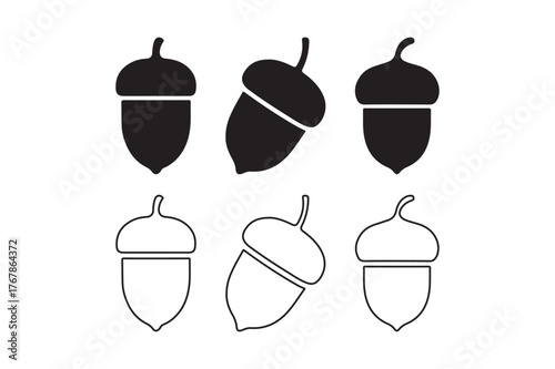 Set of six acorn icons in black and white outlines