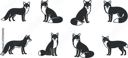 A set of cute stylized fox illustrations in various poses and expressions.